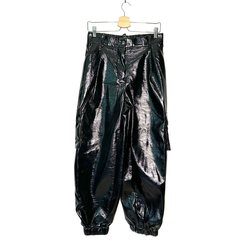 Princess Polly X Olivia Jade | Black Faux Leather Cargo Joggers Size 10
